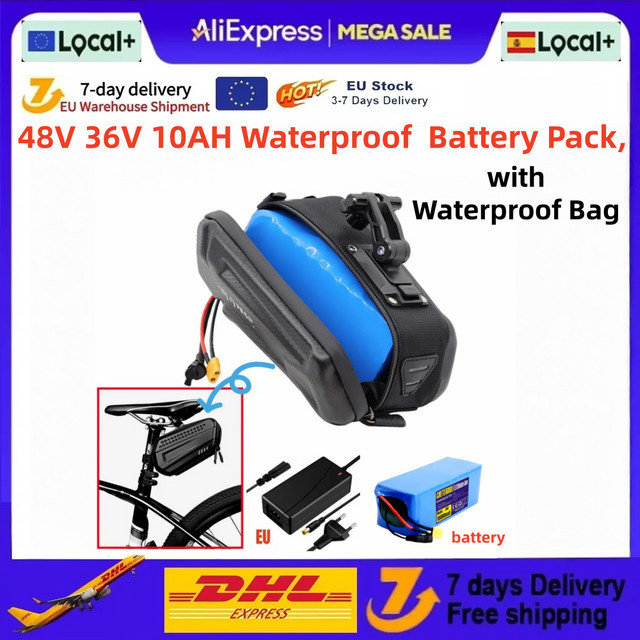 Aleaivy Wasserdichter Lithium-Akku für Fahrräder mit Ladegerät und Tasche, 36V/48V 10Ah für 250W-750W E-Bikes - Bild 1