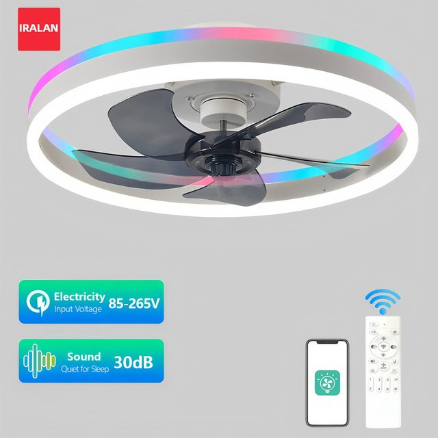 IRALAN RGB Smart Deckenventilator mit Beleuchtung in Weiß, Dimmbar mit App- und Fernbedienung sowie WiFi-Funktion - Bild 1