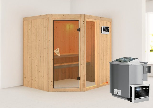 Karibu Sauna Freyja 2 Bio-Sauna aus Fichte in Braun mit Bio-Ofen und externem Steuergerät B/T/H: 198 x 196 x 170 cm - Bild 1