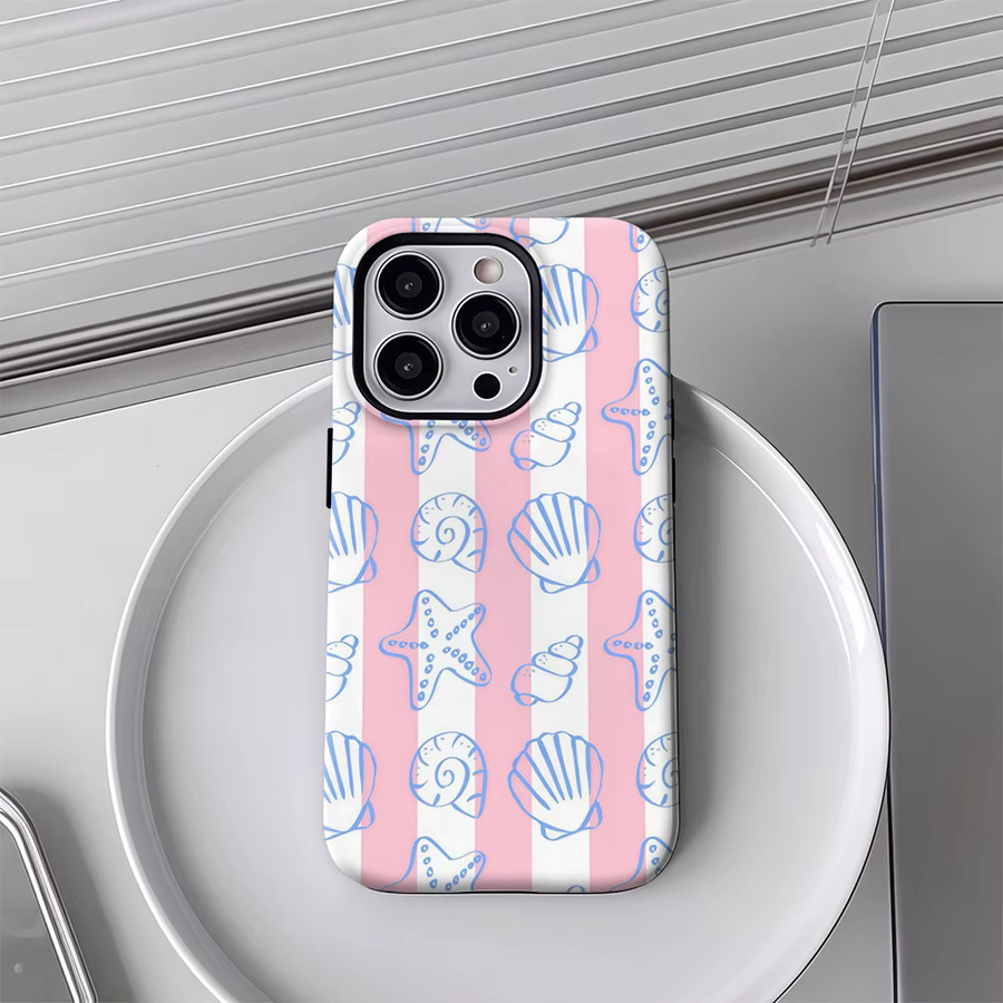 Handyhülle für Apple iPhone mit rosa und weißen Streifen und Meeresmotiv, doppelschichtige Rückseite - Bild 2