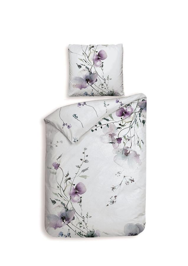 Heckettlane Mako-Satin Bettwäsche Avalia White Veilchen Blüten in Weiß und Lila, B/H: 135 x 200 cm mit Kissenbezug 80 x 80 cm - Bild 1