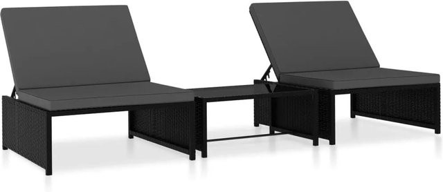 furnicato Sonnenliegen Set aus 2 Stück mit Tisch aus schwarzem Poly Rattan und wetterfesten Polstern - Bild 1