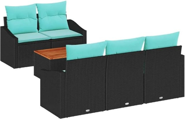 vidaXL Gartensofa-Set 6-teilig aus Poly-Rattan und Akazienholz in Schwarz mit Kissen und Gartentisch - Bild 1