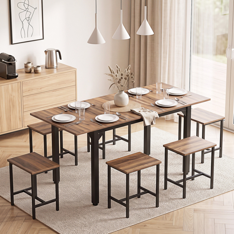 HOMCOM Esstisch-Set 7-teilig im Industriestil mit ausziehbarem Tisch und 6 Hockern, Farbe Nussbaum Schwarz - Bild 2