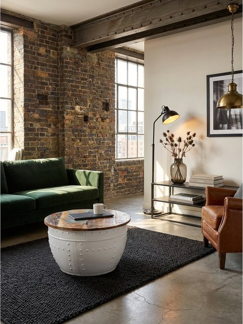 Runder Couchtisch KADIMA DESIGN im Industrial Design aus Mango-Massivholz und Metall in Weiß, B/T/H: 60 x 36 x 60 cm - Bild 1