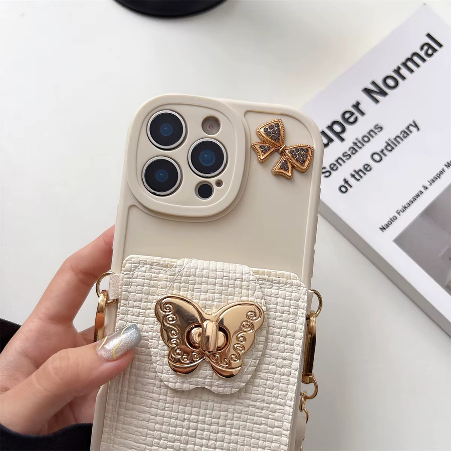 Umhängetasche mit Cartoon-Schmetterling als Handyhülle und Kartentasche für iPhone 16E 17 Air 16 Plus 15 14 13 12 11 Pro Max XS in Weiß - Bild 5