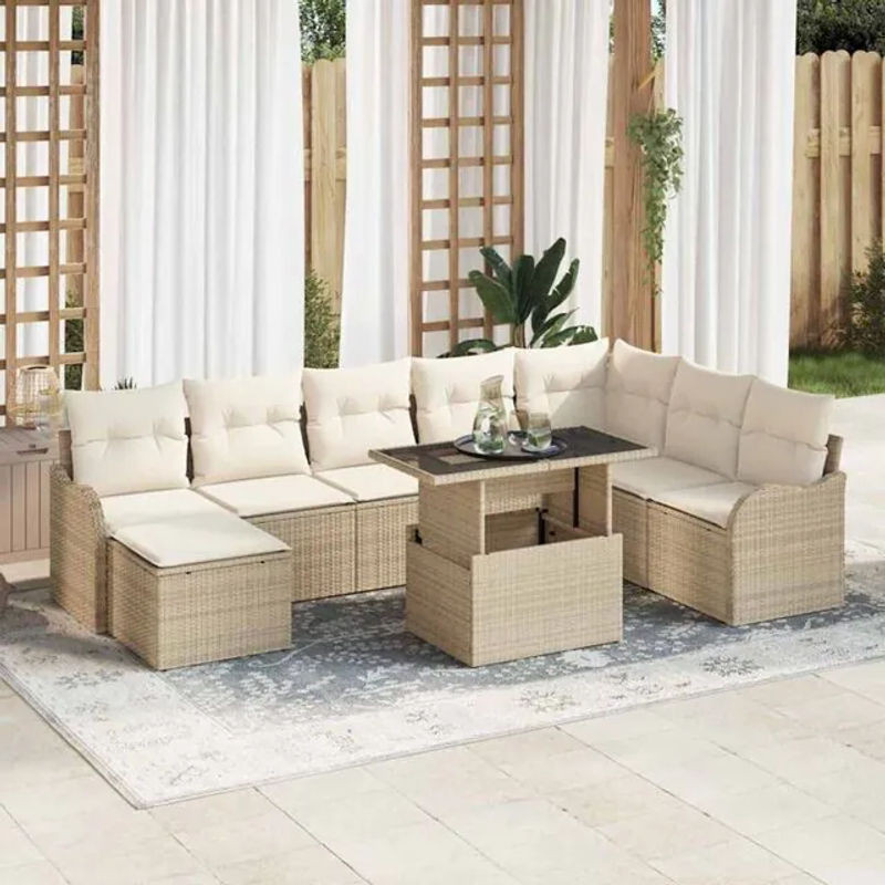 Vidaxl Garten-Sofa-Set mit 9-teiligem Kissen-Set aus Poly-Rattan in Beige - Bild 1