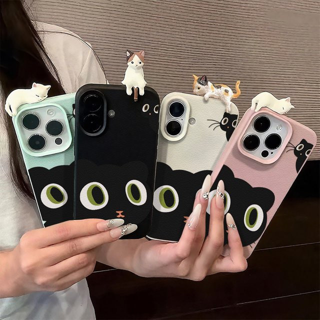 Stoßfeste Leder-Handyhülle mit süßem Katzen-Design für Apple iPhone 17 Pro Max 16 15 14 13 12 Plus Air in Schwarz und Grün - Bild 1