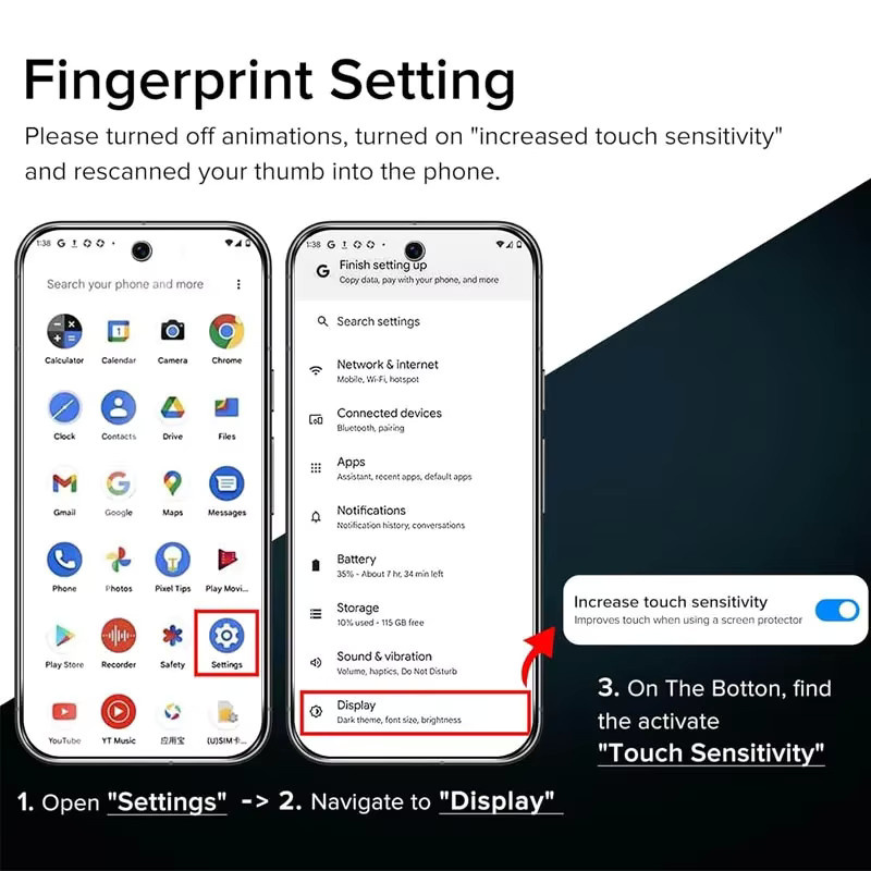 Google Pixel 9 8 7 6 A Pro XL Schutzglas aus gehärtetem Glas mit Fingerabdruck-Entsperrung, transparent, 9H HD kratzfest - Bild 3