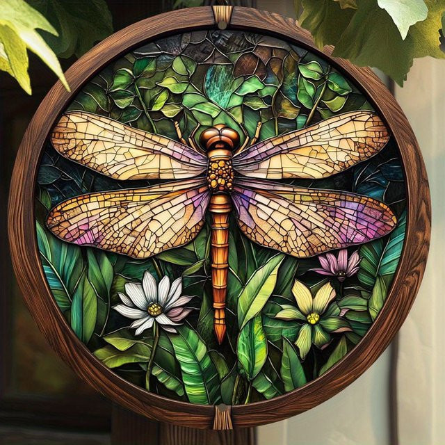 Potdemiel Rundes Wandkunstschild aus Metall mit Vintage Libelle und Blumen in Bunt, Durchmesser: 20,32 cm - Bild 1
