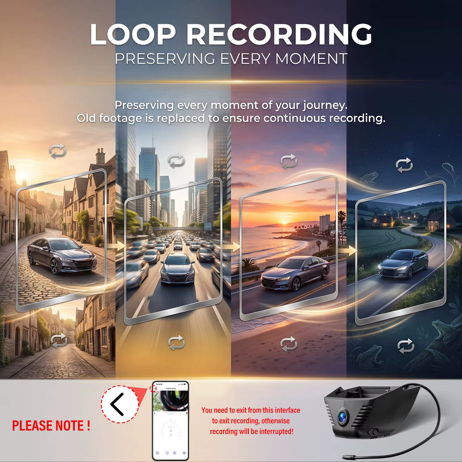 Podofo 4K Dashcam mit WLAN und App, UHD 2160P Videokamera mit G-Sensor und Schleifenaufzeichnung, Schwarz, passend für Honda Accord 2023 2024 2025 Hybrid LX Sport EX Touring EX-L - Bild 8