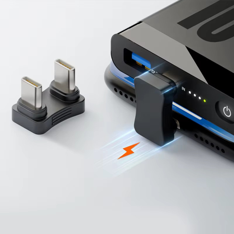 USB-C-Adapter 180 Grad abgewinkelt, Stecker auf Stecker, PD 65 W Lade-Adapter und Datenübertragung, Schwarz - Bild 2