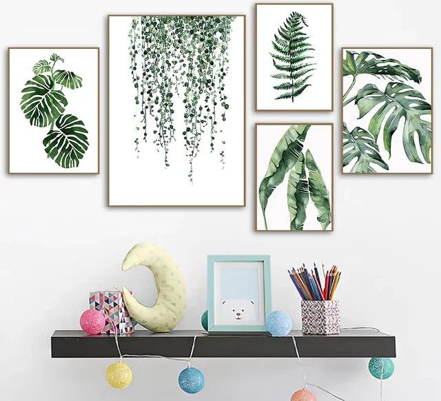 Potdemiel Nordic Wandkunst Leinwand mit botanischen Motiven Monstera Farn und Bananenblatt in Grün - Bild 1