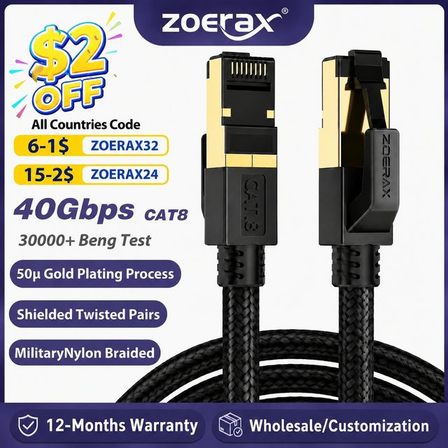 ZoeRax Cat8 Ethernet LAN-Kabel mit RJ45-Stecker, 40 Gbit/s und 2000 MHz, geflochtenes Nylon, Farbe: Schwarz - Bild 1