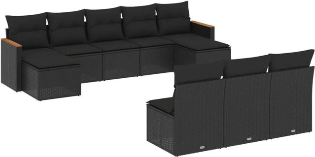 vidaXL 10-tlg Garten-Sofagarnitur aus Poly-Rattan und Akazienholz in Schwarz mit Kissen und Stauraum - Bild 1