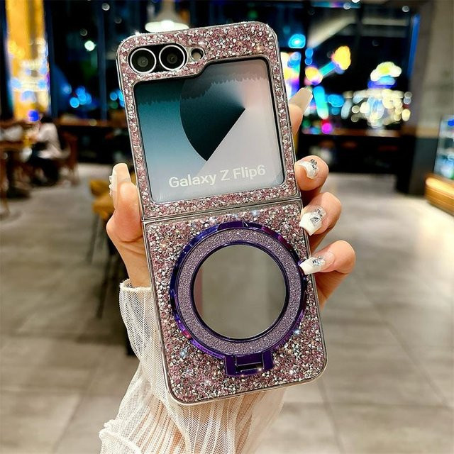 Leder-Schutzhülle mit galvanisierter Spiegelhalterung für Samsung Galaxy Z Flip 6 5G, Z Flip 5, Z Flip 4, Z Flip 3 in Pink - Bild 1