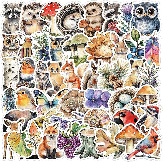 Charile Vintage Cartoon Tier und Pflanzen Aufkleber Set im Aquarell-Stil, bunte Motiv-Aufkleber für Laptop und Telefon zur Dekoration - Bild 1