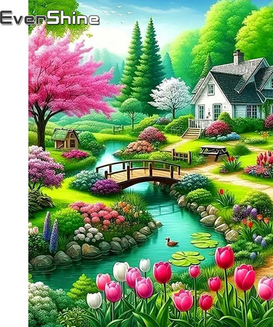EverShine Diamant-Gemälde Landschaft mit Baum und Haus, Mosaik-Stickerei mit vollen Bohrern, Mehrfarbig, B/H: 30,0 x 20,0 cm - Bild 1