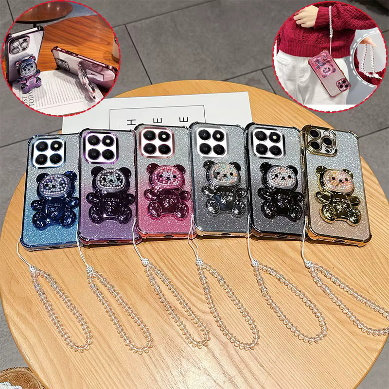 Stoßfeste Handyhülle für Honor X7d X7c 200 Smart mit 3D-Bär-Ständer und Kristallketten-Lanyard, transparent pink - Bild 2
