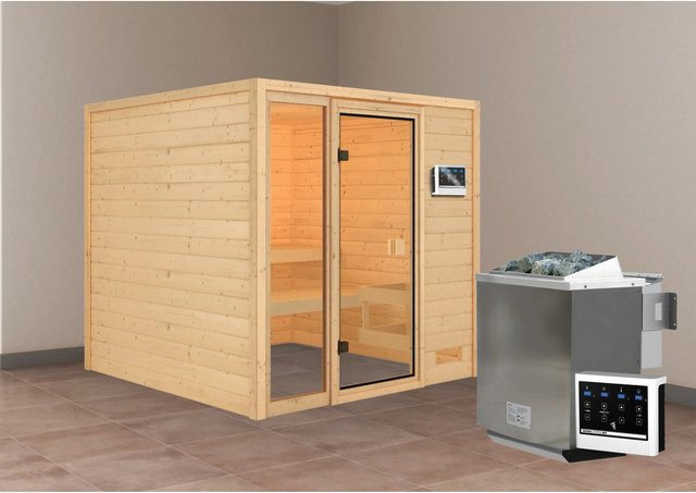 Karibu Massivholzsauna Jutta mit BioKombiofen und externem Steuergerät in Natur/Braun, B/T/H: 196 x 196 x 187 cm - Bild 1