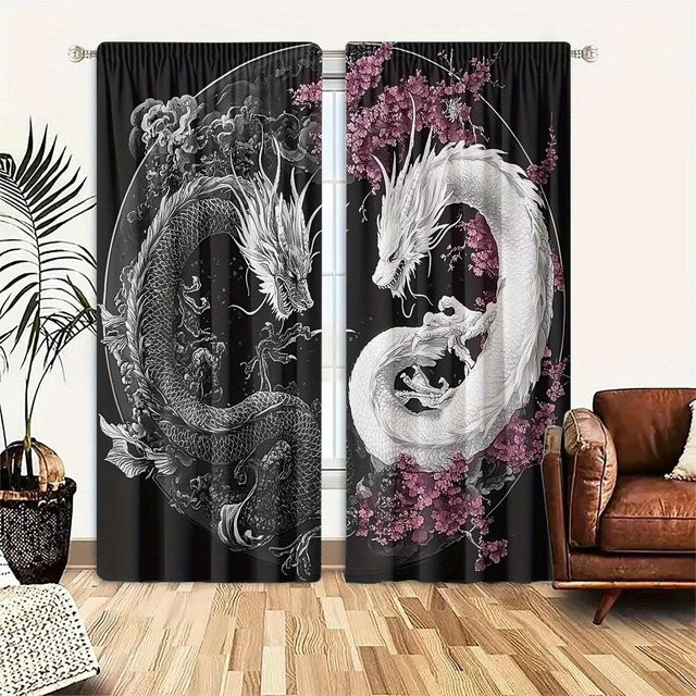 JFCurtain Polyester Filtervorhang Set mit Schwarz-Weiß Drachenmuster, 2 Stück, B: 132 cm, H: 160 cm - Bild 1