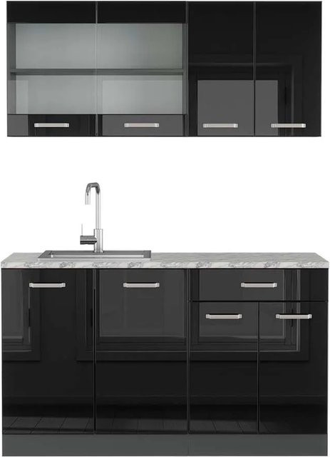 Vicco R-Line Singleküche Schwarz Hochglanz Anthrazit mit Marmor-Optik Breite: 140 cm - Bild 1