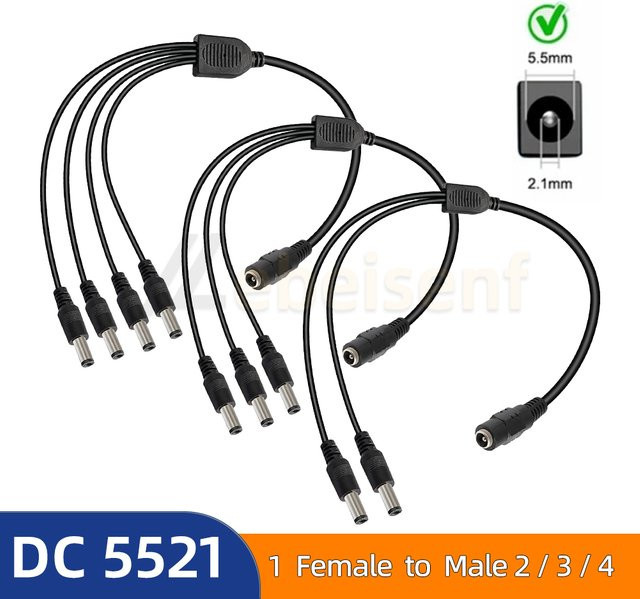 DC 5,5x2,1mm Stromverteilerkabel Schwarz 1 Buchse auf 2/4 Stecker Verlängerungskabel 36cm für CCTV-Kamera LED-Streifen Router NVR Stromversorgung - Bild 1