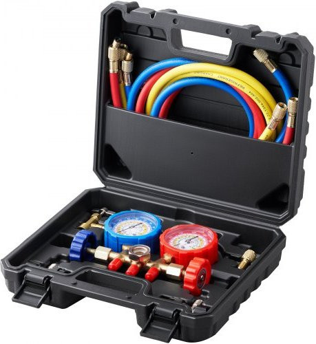 VEVOR 3-Wege Kältemittel-Manometer-Set für R134A, R22, R12, R502 mit 152 cm Ladeschläuchen und Messgeräten für die Fahrzeug-Klimaanlagen-Wartung, Mehrfarbig - Bild 1