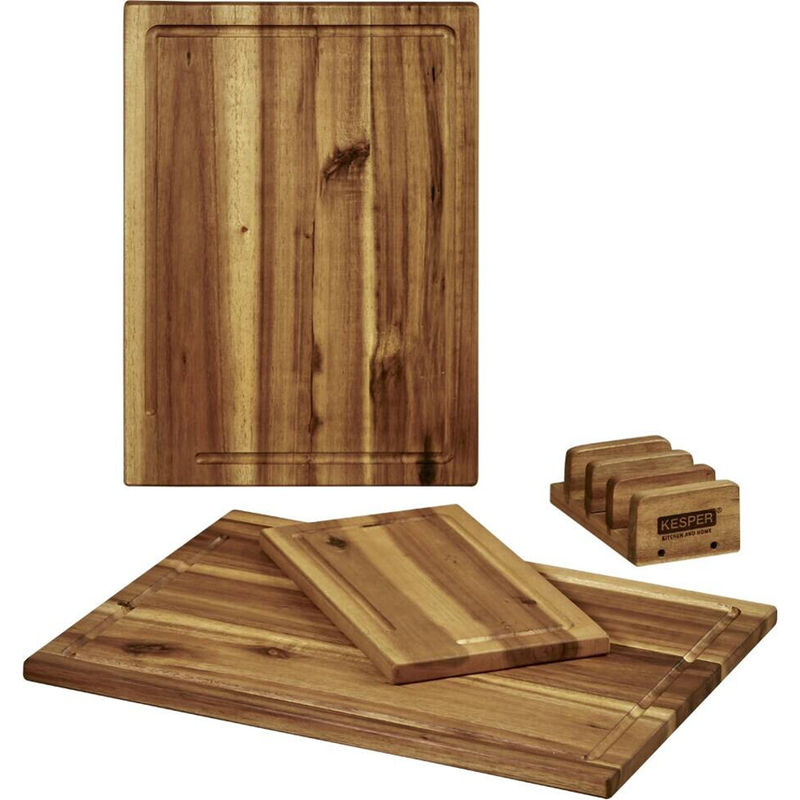 Kesper 3er Set Schneidebretter aus Holz mit Ständer in Braun, rechteckig mit Saftrinne - Bild 2
