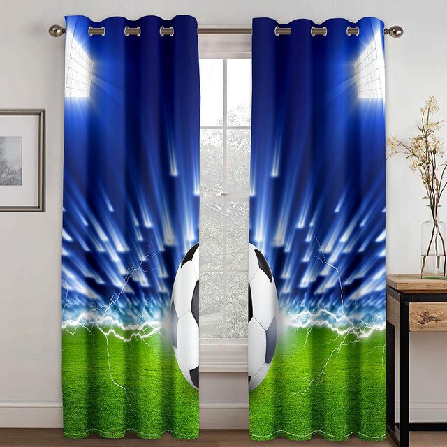 Fußball Motiv Vorhänge für Kinderzimmer und Wohnbereich, 2er Set, Blau, B: 65 cm, H: 60 cm, halbtransparent mit Ösen - Bild 1