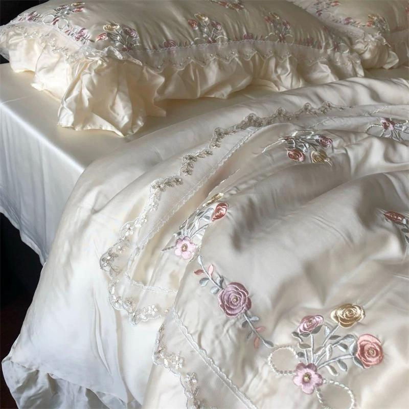 Bin Chi Textiles Bettwäsche-Set aus Lyocell-Bambusfaser mit Rosenblumenstickerei und Spitzenrüschen, Weiß, 4-teilig, B/H: 200 x 230 cm - Bild 5