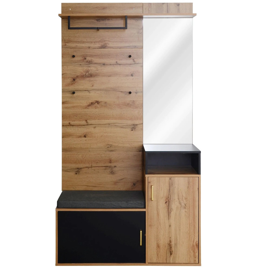 okwish GarderobenSet in Schwarz mit Spiegel, Schuhschrank, Sitzbank und Kleiderhaken, B/T/H: 104 x 38,5 x 190 cm - Bild 2