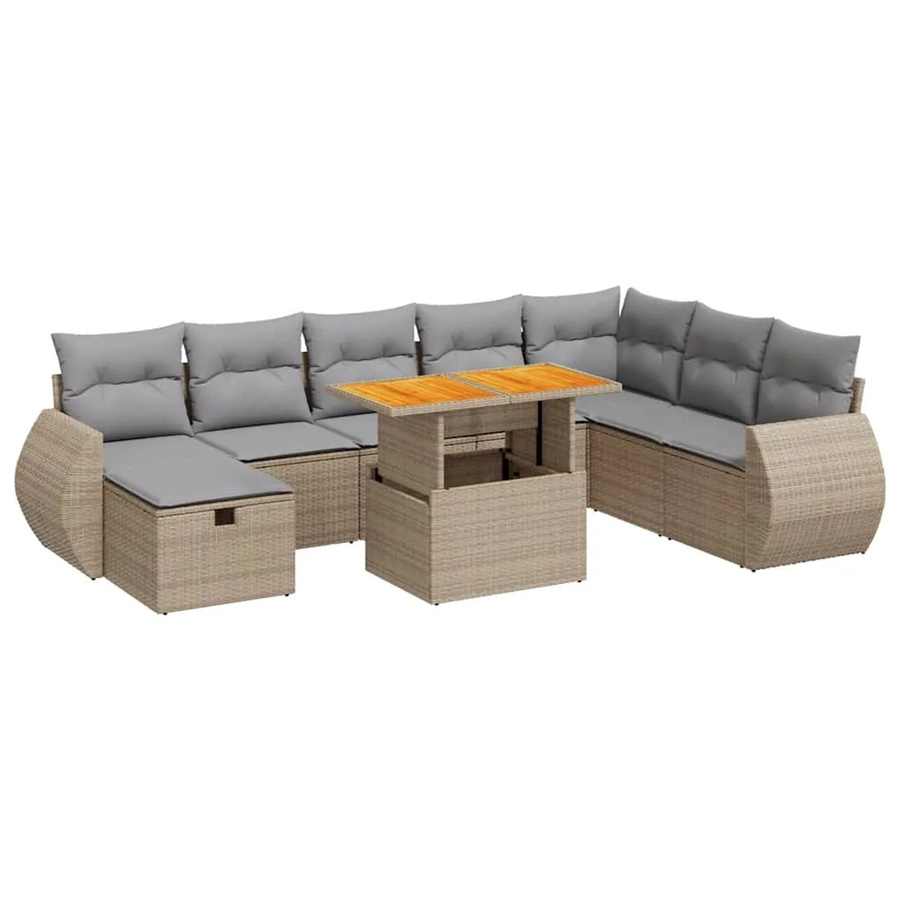 vidaXL 9-teilige Garten-Sofagarnitur aus Polyrattan und Akazie in Beige mit Kissen und Couchtisch - Bild 2