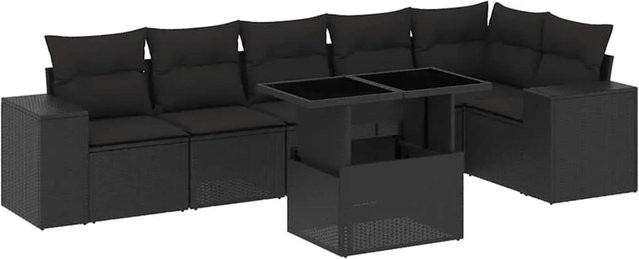 vidaXL 7-teilige Garten-Sofagarnitur in L-Form aus schwarzem Poly-Rattan mit Kissen und pulverbeschichtetem Stahlgestell - Bild 1