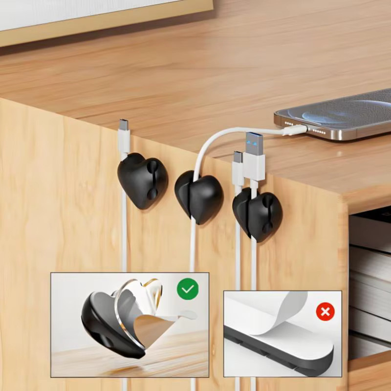 Selbstklebender herzförmiger Kabel-Organizer aus Silikon, 4er-Set, USB-Lade-Schreibtisch-Clip-Halter in Schwarz und Grün - Bild 3