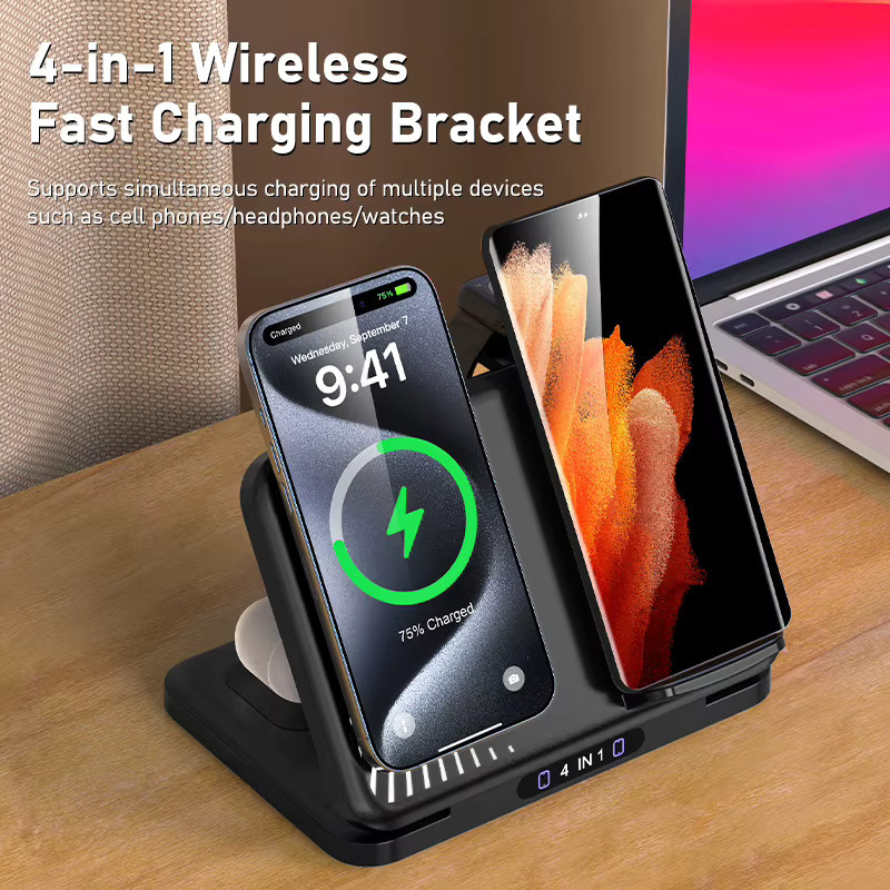 VIKEFON 4-in-1 Dual-Handy-Ladestation in Schwarz mit magnetischem Schnellladen für iPhone 12-17, Samsung S25, Xiaomi und Apple Watch sowie AirPods Pro - Bild 6
