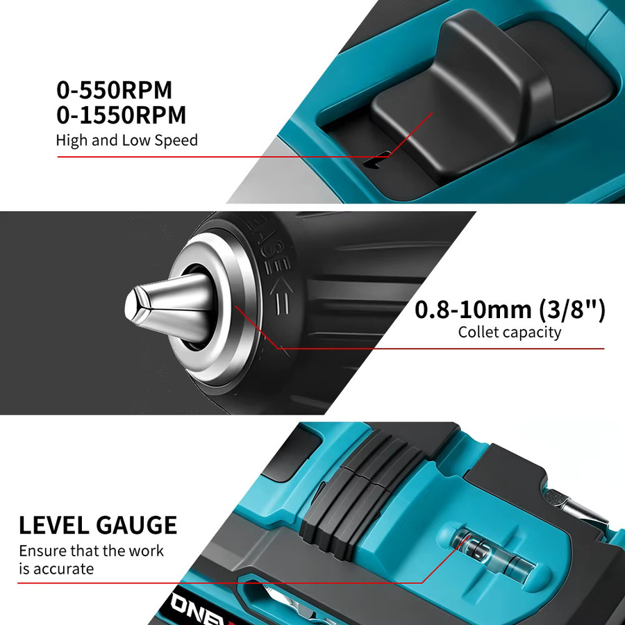 ONEVAN Akku-Schlagbohrmaschine mit 25+3 Drehmoment-Stufen, kabelloses Elektrowerkzeug in Blau, kompatibel mit Makita 18V LXT Akkus - Bild 5