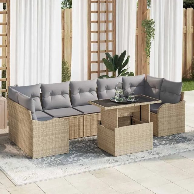 vidaXL Garten-Sofa-Set 8-teilig aus Poly-Rattan und Stahl in Beige und Grau mit Kissen und Tisch - Bild 1
