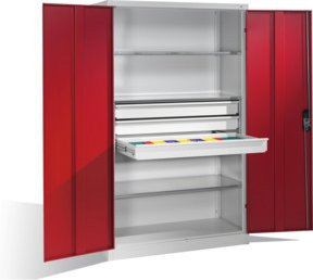 C+P Werkzeugschrank mit Drehtüren, 3 Böden und 3 Schubladen, Front Rubinrot, Korpus Lichtgrau, H x B x T: 195 x 120 x 50 cm - Bild 1