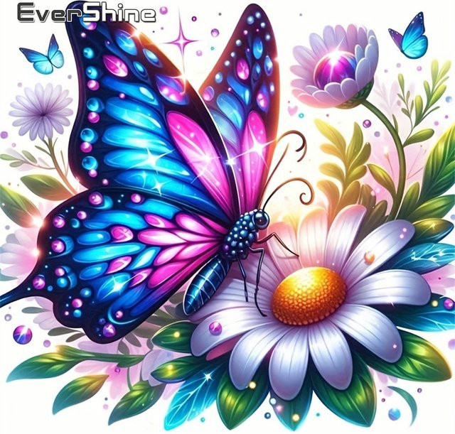 Evershine Diamant-Gemälde Schmetterling und Gänseblümchen als Strass-Mosaik Wanddekoration mit Full Round Drills B: 20 cm, H: 20 cm - Bild 1