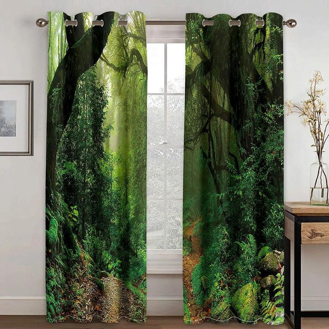 Yiran Furniture Vorhänge mit 3D Tropischer Wald Naturlandschaft Digitaldruck, 2 Paneele, Grün, Polyester, B: 50 cm x H: 60 cm pro Paneel, inklusive Haken - Bild 1