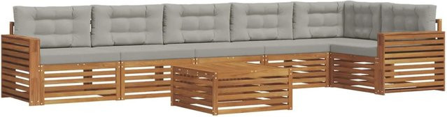 vidaXL Outdoor-Sofagarnitur aus Akazien-Massivholz in L-Form mit Kissen, 7-teilig, Natur und Hellgrau - Bild 1