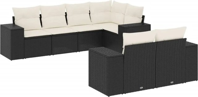vidaXL 7-teilige Garten-Sofagarnitur in L-Form aus Poly-Rattan mit Kissen in Schwarz und Cremeweiß - Bild 1