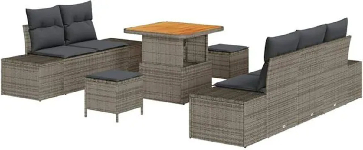 vidaXL Garten-Sofa-Set aus Polyrattan und Akazie mit 8-teiligem Kissen-Set in Grau, B/T/H: 80 x 80 x 71 cm - Bild 1