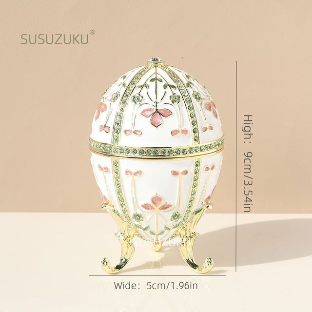GENAUIRSUN Schmuckkästchen im Faberge-Ei-Stil aus Metall mit floralem Design in Weiß - Bild 1