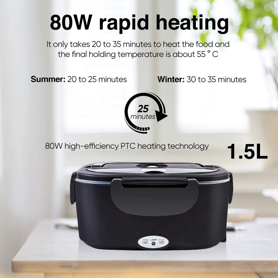 WUIETI Auto-Elektro-Lunchbox 60W in Schwarz, tragbarer Heiz-Thermobehälter für Reise und Outdoor, 1,5 l - Bild 2