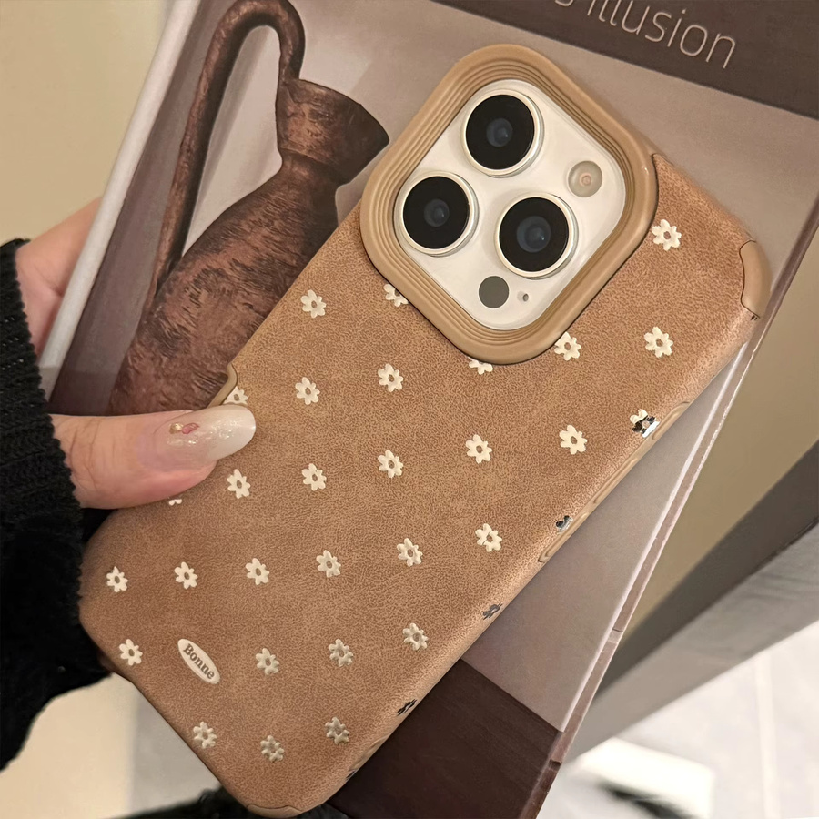 Stoßfeste Handyhülle aus braunem Wildleder mit vergoldeten silbernen Blumen für iPhone 17 16 15 14 13 12 Pro Max Plus Air - Bild 3
