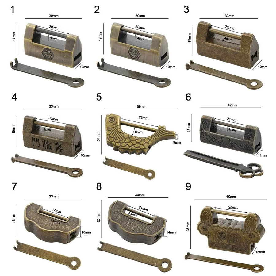 Antikes Retro-Vorhängeschloss in Gold als dekoratives Vintage-Chinesisches Mini-Schloss mit Schlüssel für kleine Holzschmuck-Aufbewahrungsboxen aus Metall - Bild 3