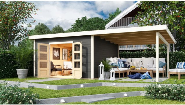 Karibu Holz-Gartenhaus Karlskoga mit Pultdach in Terragrau, B: 365 cm, T: 357 cm - Bild 1