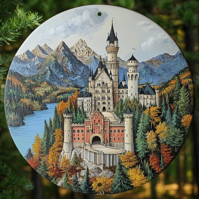 Vintage Neuschwanstein Schloss Wandkunst aus Metall, rundes Metallschild mit Landschaftsmotiv, mehrfarbig, Durchmesser: 20 cm - Bild 1
